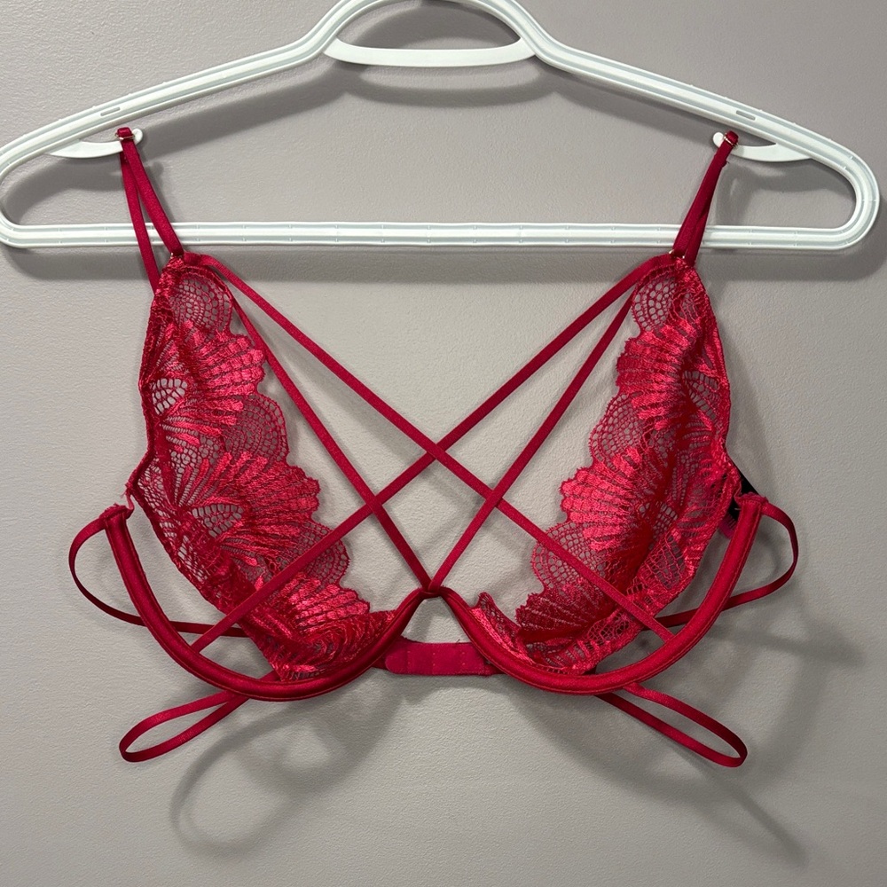 La Senza Strappy Lace Cage Bra Pink Red Underwire Bralette Large